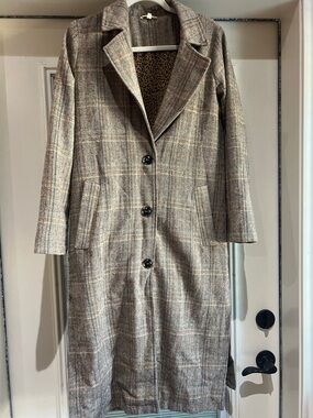 Mystree Long Plaid Trench Coat in Brown and Cream Tones